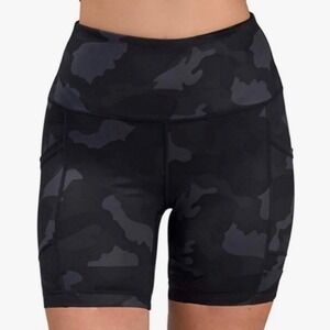YOGALICIOUS LUX Black Gray Camo High Waisted Pocket Active Workout Shorts Size S